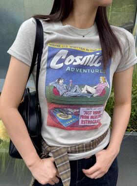 ACRAB 早秋宇宙冒险美式复古灰色短袖T恤修身正肩打底内搭上衣女