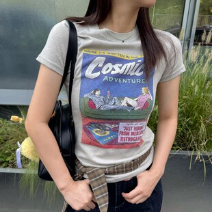 ACRAB 早秋宇宙冒险美式复古灰色短袖T恤修身正肩打底内搭上衣女