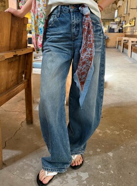 【3/18 New 】ACRAB 复古高腰弯刀牛仔裤女宽松显瘦阔腿拖地长裤