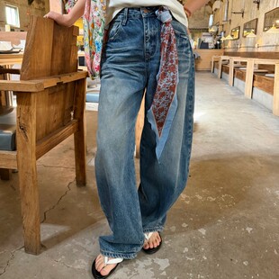 复古高腰弯刀牛仔裤 ACRAB 女宽松显瘦阔腿拖地长裤 New