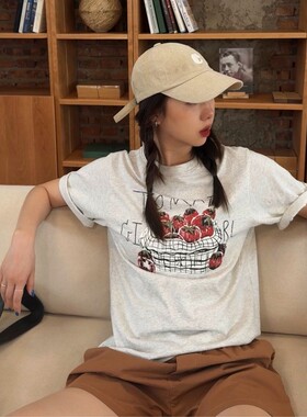 ACRAB 美式复古美味番茄手绘印花宽松短袖T恤夏季新款纯棉上衣女