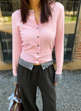 ACRAB 粉色假两件圆领羊毛混纺修身正肩亲肤针织衫上衣女