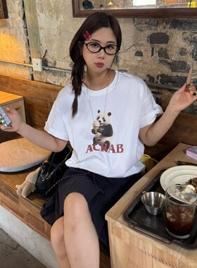ACRAB 新款可爱熊猫美式复古夏季圆领ins印花甜妹宽松上衣短袖T恤