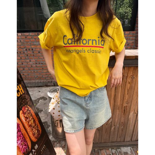 夏日亮色美式复古黄色宽松T恤