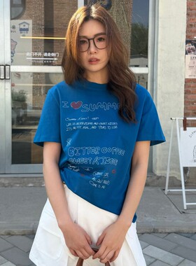 【4/15 New 】ACRAB 蓝色INS手绘字母印花短袖T恤女圆领百搭上衣