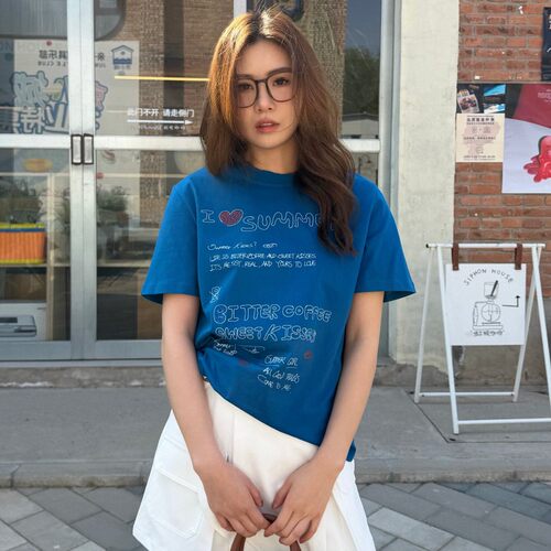 ACRAB手绘字母蓝色短袖T恤女