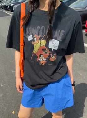 ACRAB 黑色轻薄卡通童趣印花美式复古手绘宽松短袖T恤夏季上衣女