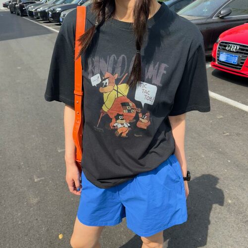 Acrab黑色轻薄卡通宽松短袖T恤