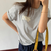 夏季 纯棉t恤女短袖 上衣灰色条纹字母正肩圆领上衣 韩系甜美 ACRAB
