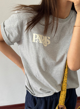 ACRAB 韩系甜美 纯棉t恤女短袖夏季上衣灰色条纹字母正肩圆领上衣