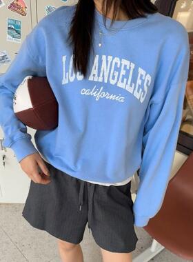 ACRAB 美式复古减龄宽松蓝色白字母学院风圆领卫衣 秋冬新款上衣