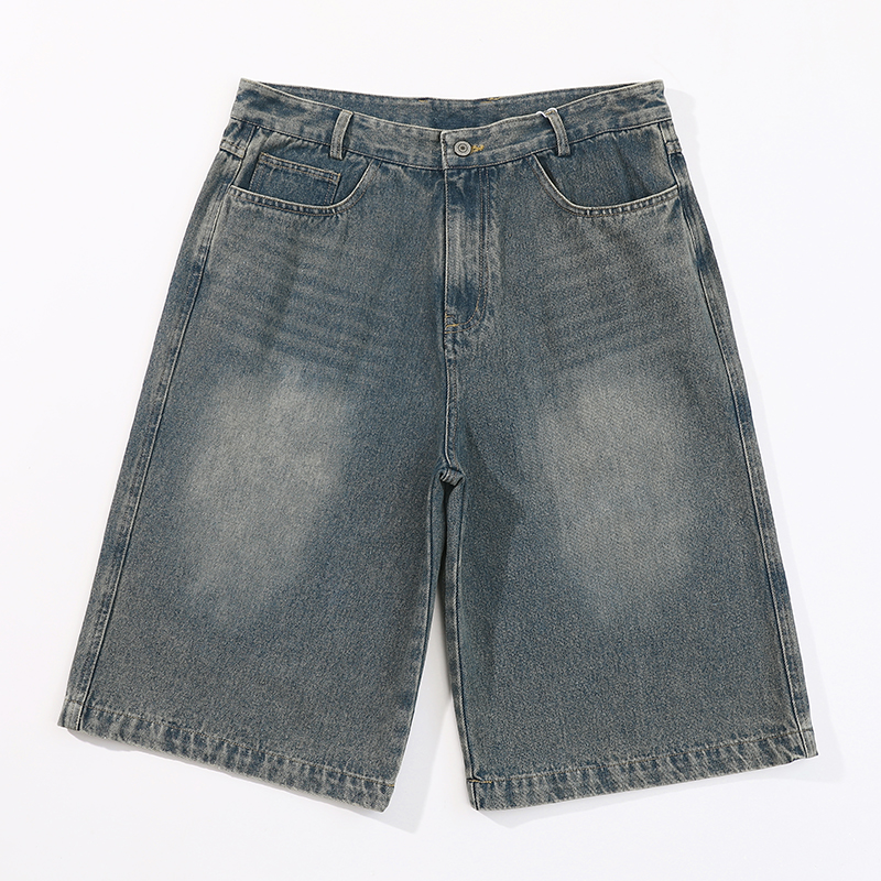 美式街头潮牌牛仔裤男士短裤夏季新款复古水洗纯棉宽松直筒五分裤