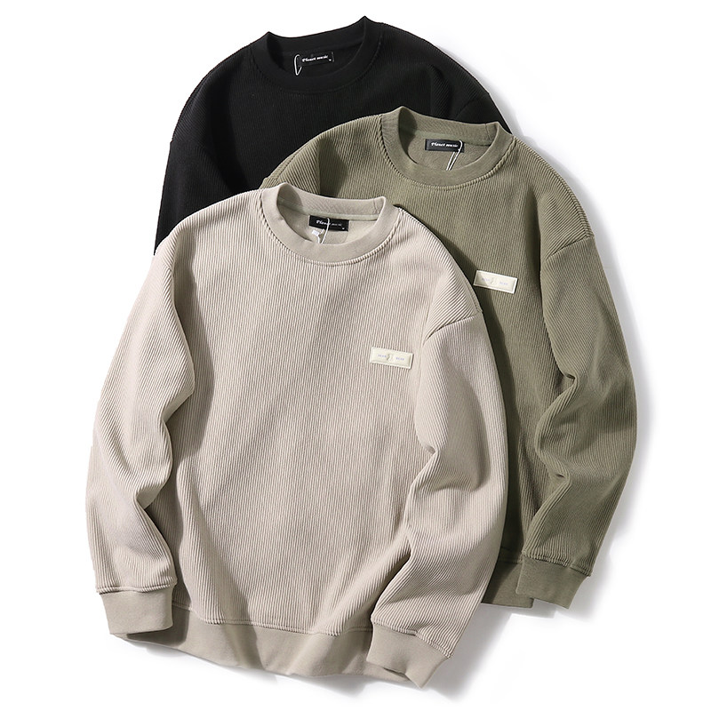 日系竖坑条加绒套头卫衣