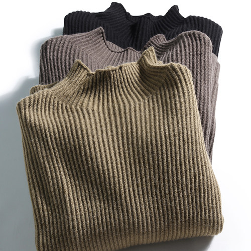 坑条宽松半高领毛衣混纺青年宽松