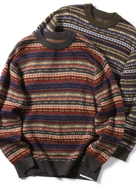 2025新款红色毛衣新年费尔岛编织民族风粗针圆领合身剪裁针织衫男