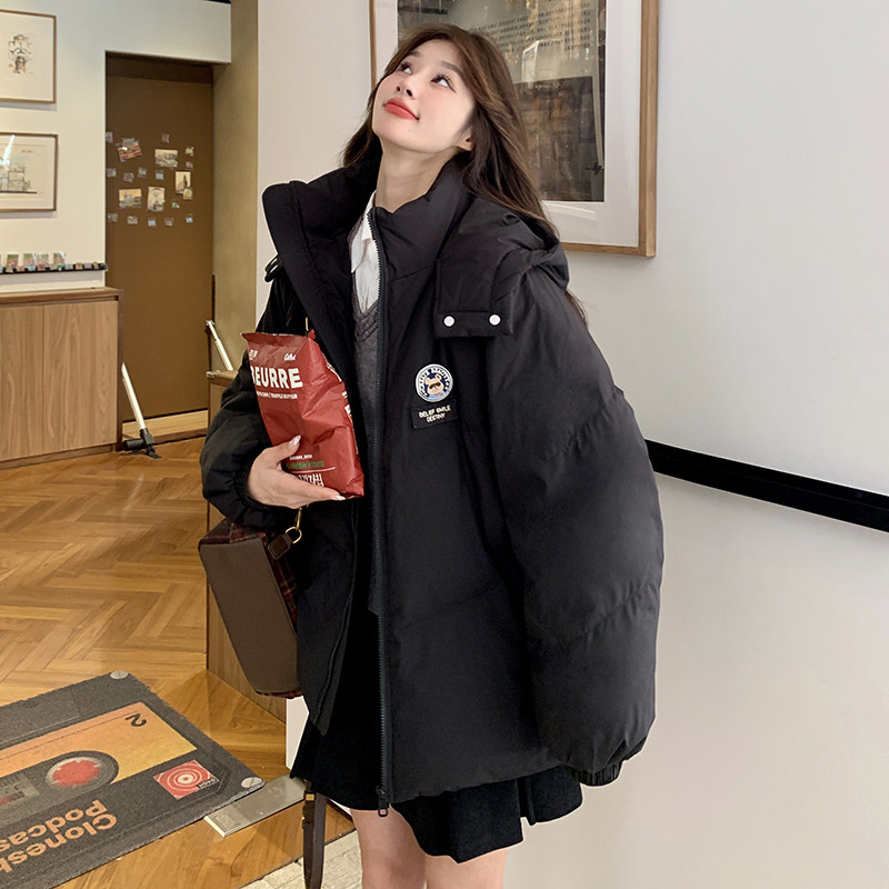 黑色学院风连帽羽绒棉服女冬季新款小个子加厚流行保暖棉袄外套图片