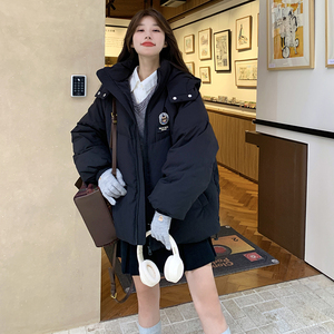 黑色学院风连帽羽绒棉服女冬季新款小个子加厚流行保暖棉袄外套图片