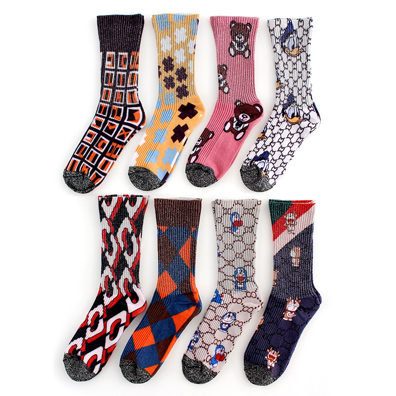 彩绘袜子女中筒袜ins潮牌印花3d网红直播春夏薄款金银丝欧货