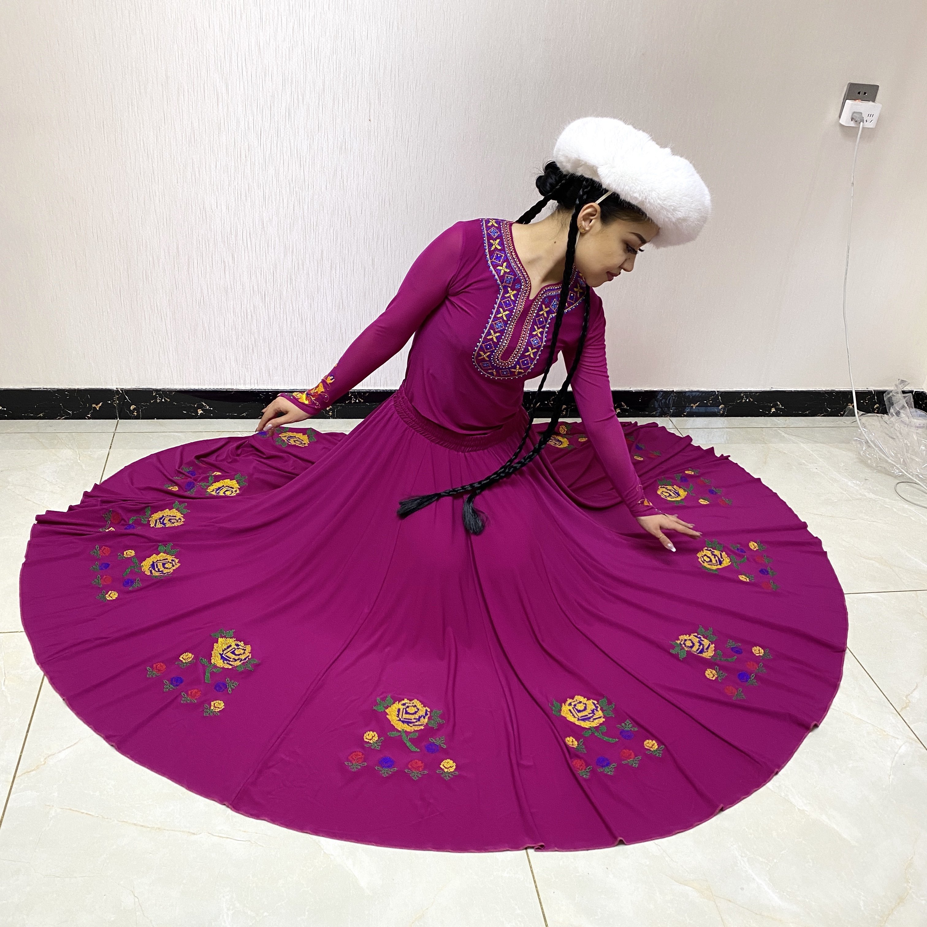 新疆女士舞蹈大摆半截裙弹力广场舞大妈裙子练功服麦西莱依精棉裙