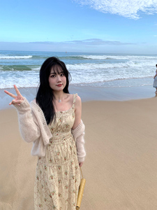 现货！脚趾筋春季沉浸式温柔吊带裙女遮胯显瘦微胖mm印花连衣裙