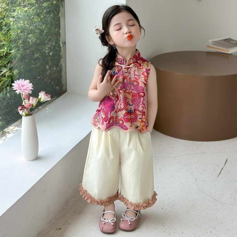 女童夏季新中式花边盘扣两件套