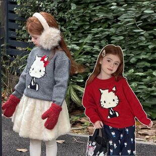 童毛衣25年冬季新品女童女宝宝猫咪毛衣上衣可外穿内搭针织衫上衣