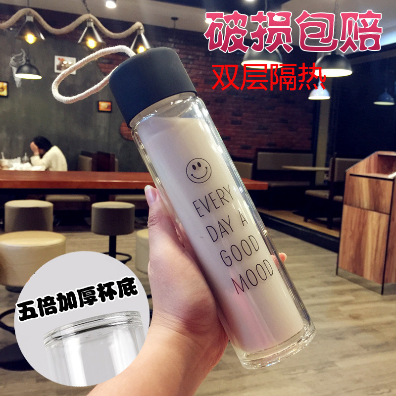 便携女士柠檬韩国水瓶双层玻璃杯