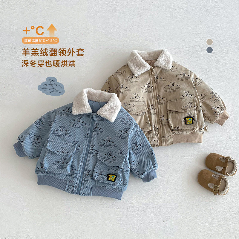 男童夹棉外套2025新款冬季宝宝满版卡通棉服儿童韩版毛毛领棉衣潮