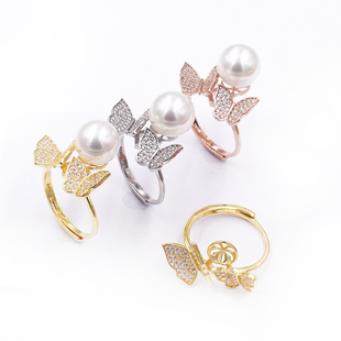 DIY戒指配件空托珍珠指环托配饰活口可调节原创设计双蝴蝶半成品