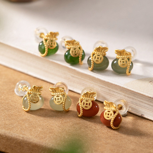 新款袋袋平安镀金仿南红玛瑙和田玉古典中式福袋钱袋女耳钉耳饰品