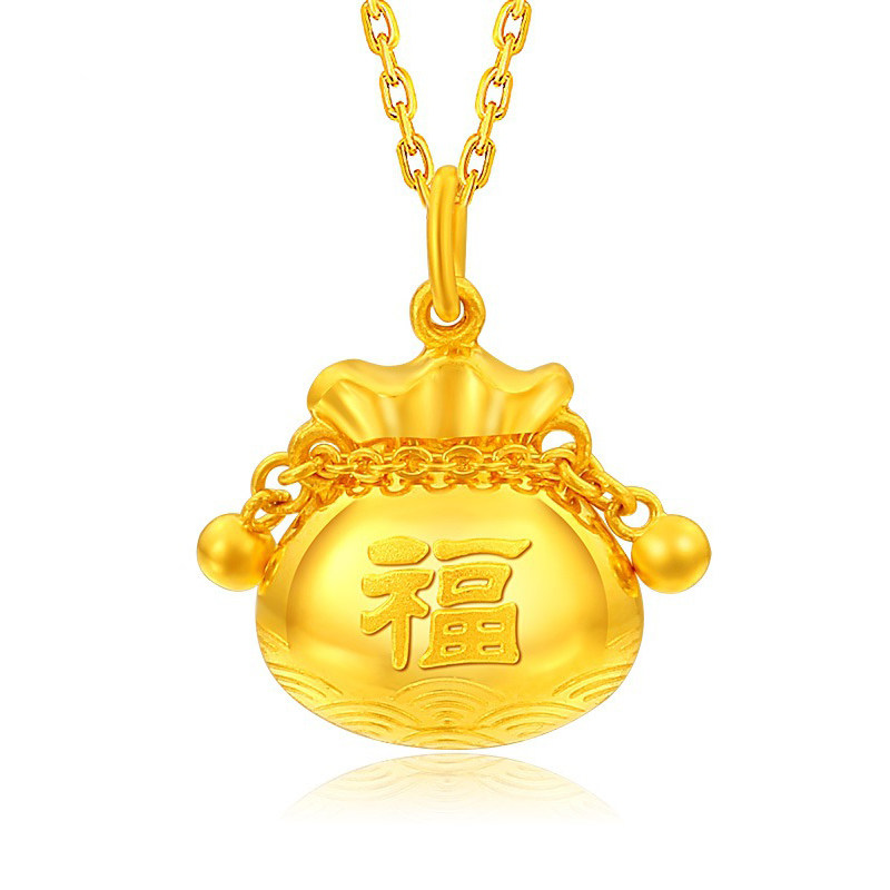 老挝砂金镀镀3d黄金色镀钢印铃铛福字吊坠招财纳福宝宝福袋项坠