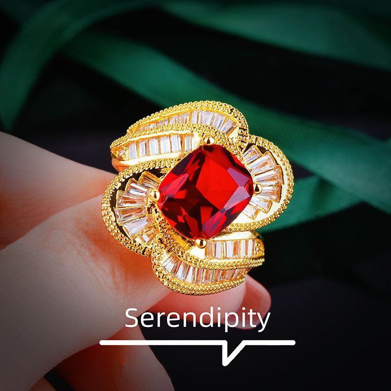意大利高级复古宫廷风滚珠边布契风格拉缇蕾丝方钻红宝石彩宝戒指