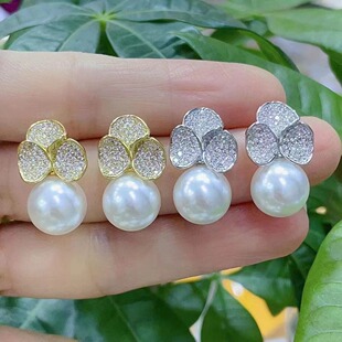韩版简约DIY珍珠饰品配件镀金幸运草三叶耳钉耳饰耳环耳坠空托女