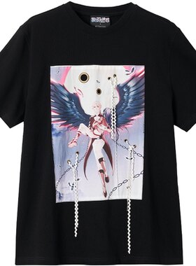 原创设计漫画卡通黑色短袖T恤女印花翅膀图案链条装饰宽松上衣