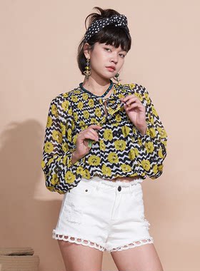原创设计碎花印花雪纺衫女长袖系带透视上衣黄色波点雪纺罩衫