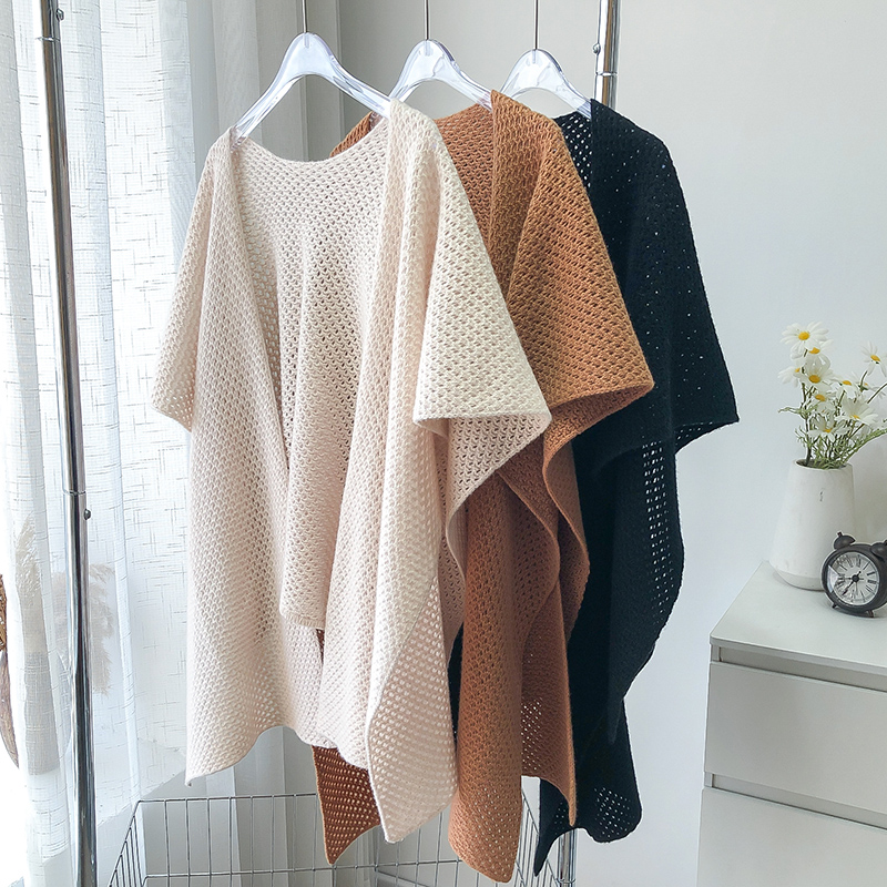 秋冬镂空100%纯羊毛披肩女韩版宽松慵懒斗篷针织开衫披风围巾外搭
