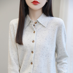 针织衫 春装 女简约百搭翻领衬衫 新款 外穿上衣 Polo领100%纯羊毛开衫