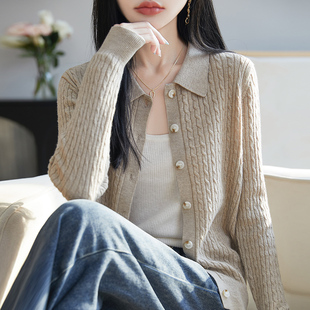 上衣外套 2025春季 新款 Polo领开衫 女100%纯羊毛简约百搭衬衣针织衫