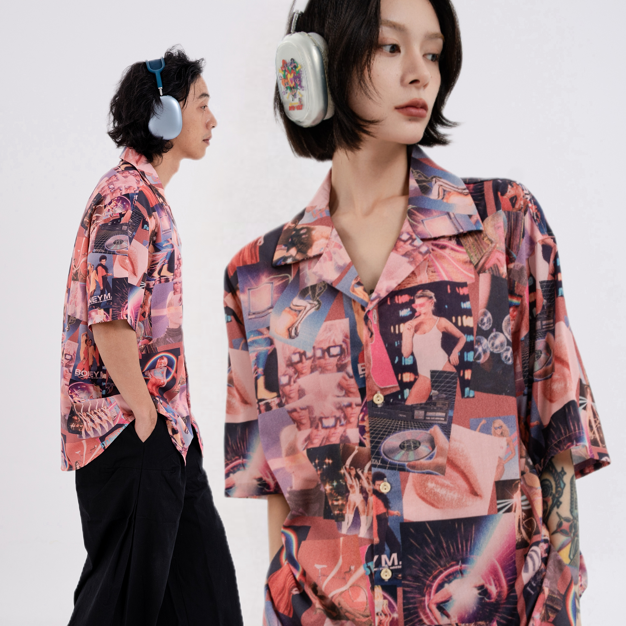 夏威夷宽松休闲美式杂志拼花衬衫