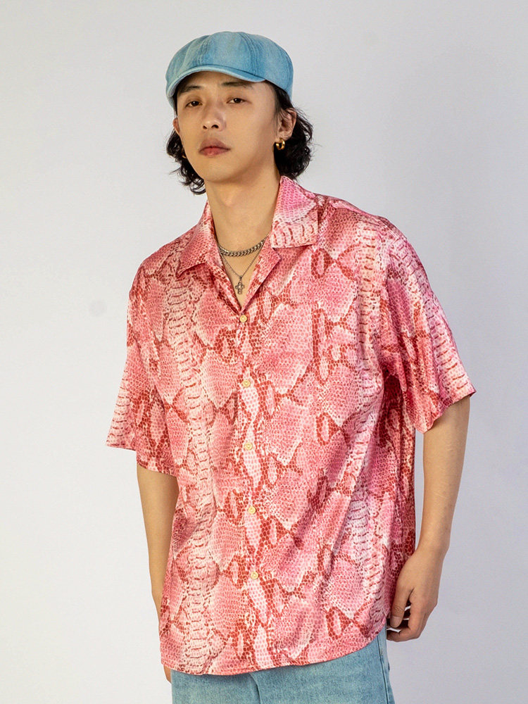 出差夏威夷23ss粉蟒骚气短袖衬衫复古日系小众设计款男女同款夏季