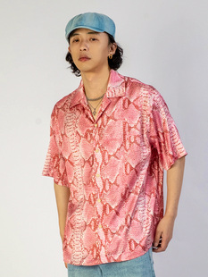 夏季 出差夏威夷23ss粉蟒骚气短袖 男女同款 复古日系小众设计款 衬衫