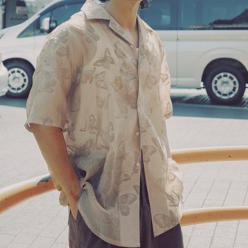 出差夏威夷24ss棕蝴蝶夏季男款短袖古巴领中式国风复古休闲花衬衫