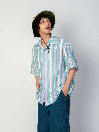 出差夏威夷23ss原创复古撞色条纹衬衫透气复古大码夏季印花短袖男