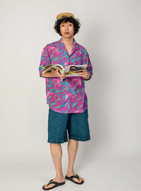 出差夏威夷23ss purple beach复古紫色短袖印花衬衫街头夏威夷、