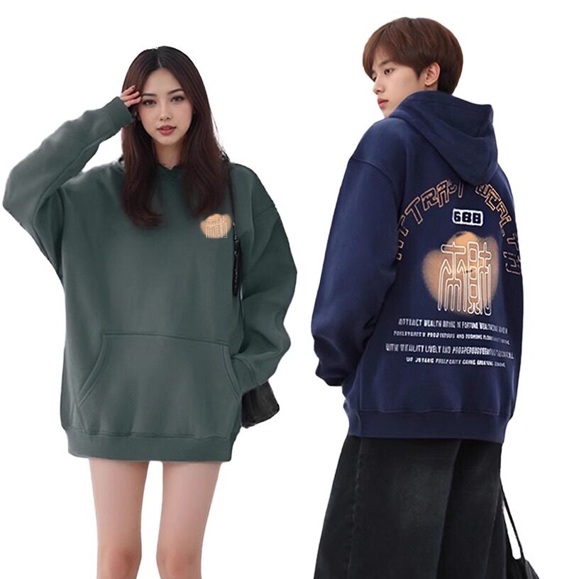 秋冬抓绒加厚连帽卫衣新年来财印花卫衣潮牌百搭宽松帽衫男女大码