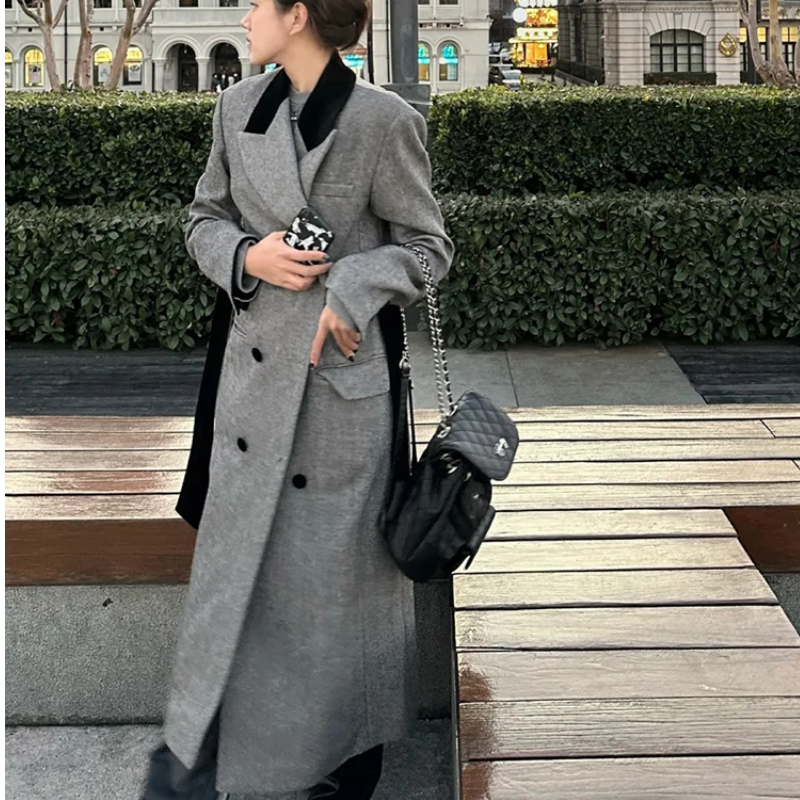 大码感灰色长款呢子大衣秋冬季新款胖mm显瘦赫本风毛呢外套女大气