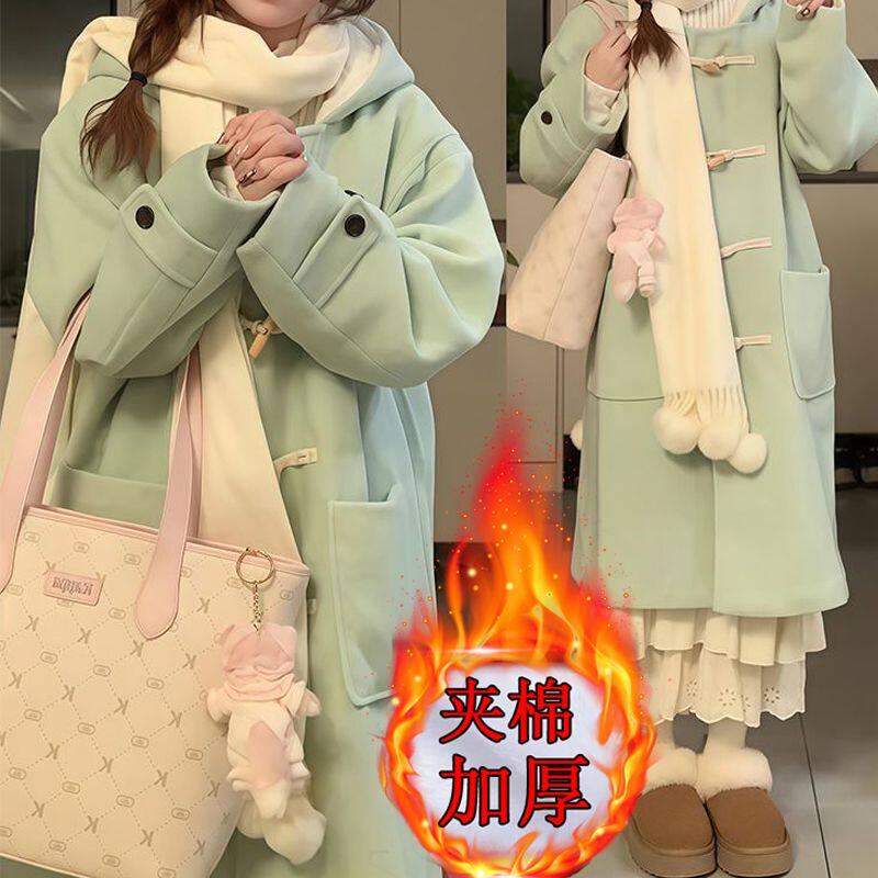 绿色牛角扣毛呢外套女2025冬季新款韩系宽松减龄中长款呢子大衣潮