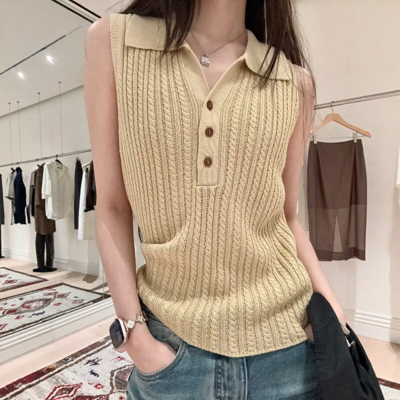 欧洲站2026春夏新款欧货简约Polo领麻花纹休闲百搭无袖针织打底衫