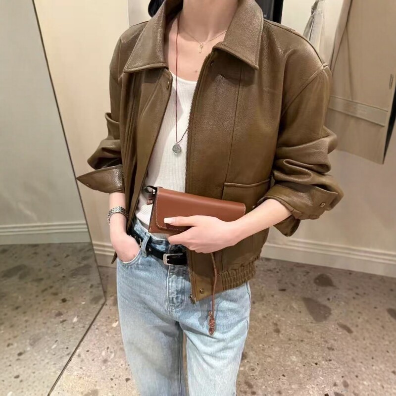 欧洲站2026春季新款欧货复古翻领百搭双口袋拉链pu皮皮衣短外套女