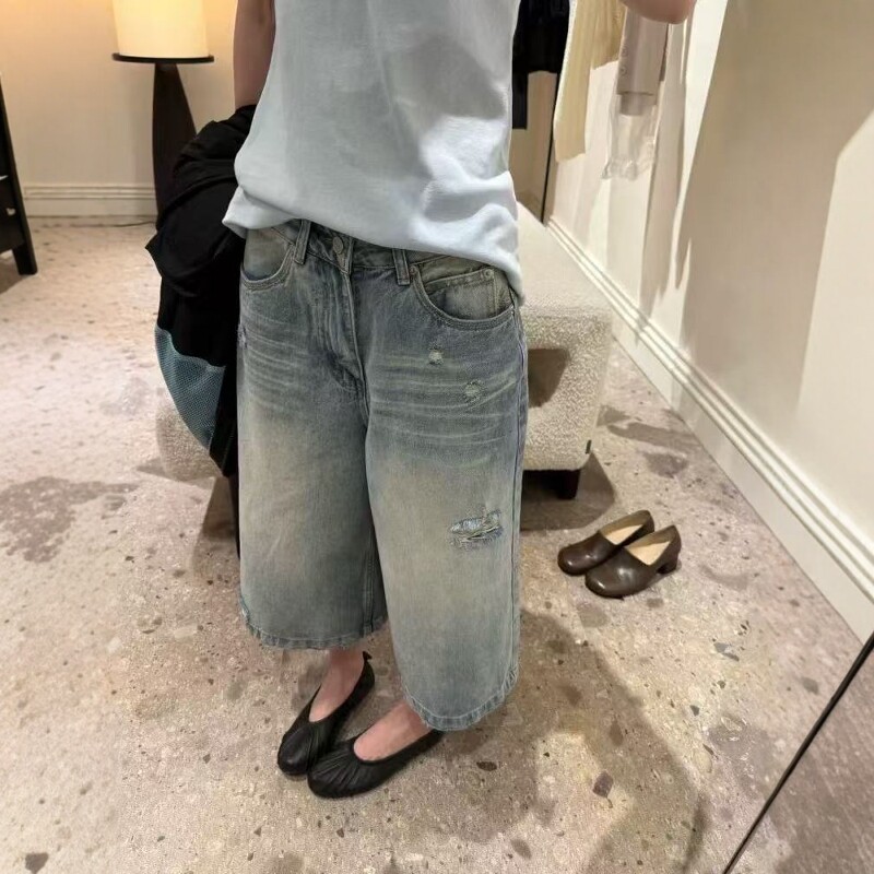 欧洲站2026春季新款欧货复古水洗破洞阔腿裤直筒牛仔裤八分裤潮女